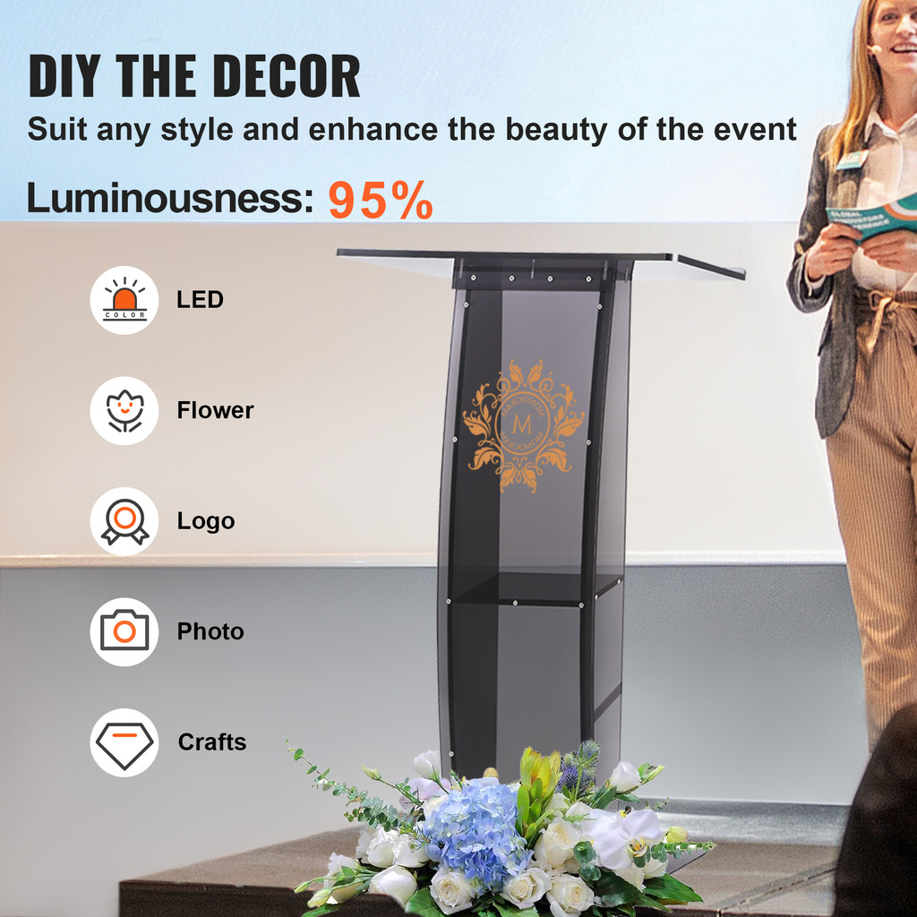 Acrylic podium with design features listed as LED, Flower, Logo, Photo, Crafts